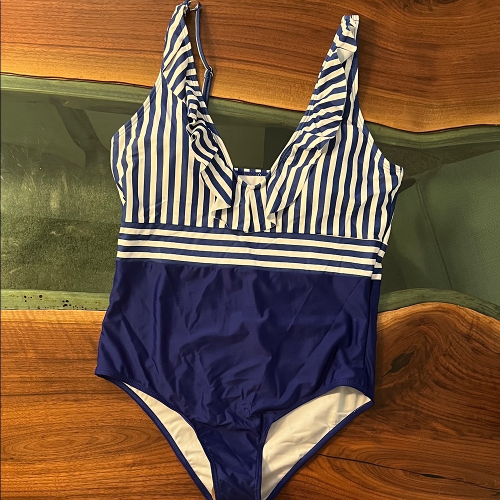Navy and White Striped One-Piece Swim Suit with Ruffle V-Neck